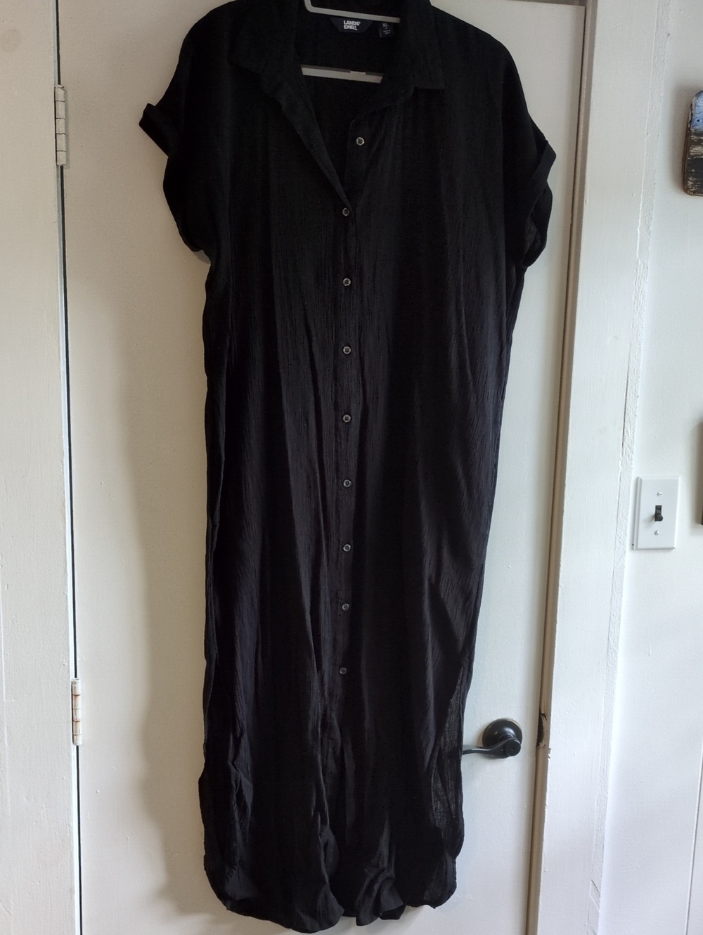 Lands' End Black Textured Button-Front Maxi Dress/Cover-up